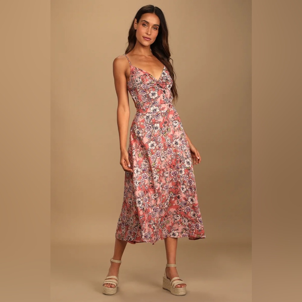 Lulu’s - Ties With You Rose Pink Floral Print Tie-Back Midi Dress